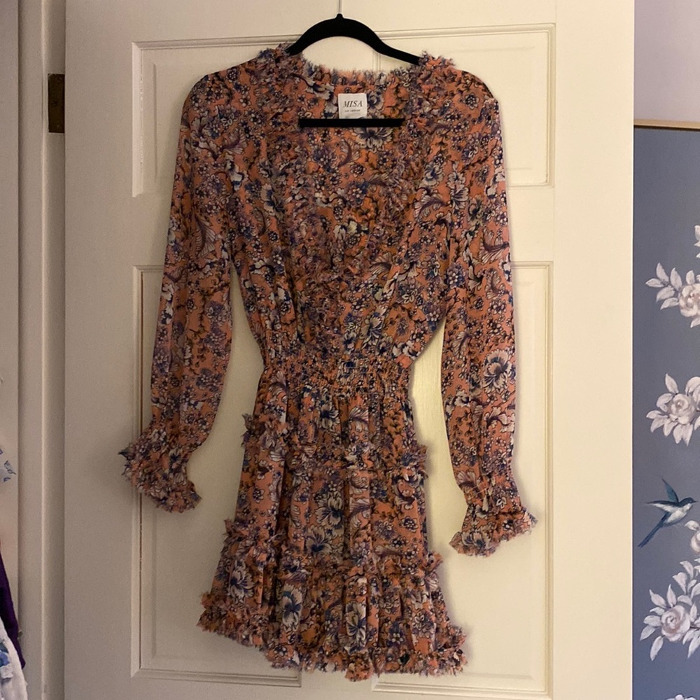 MISA Los Angeles floral ruffle l/s plunge neck mini dress - XS - worn once